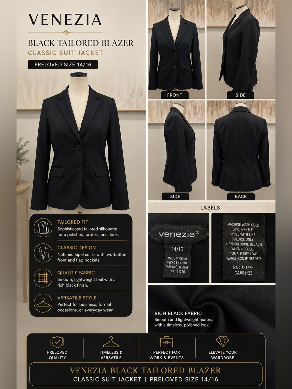 Venezia‎ Black Tailored Blazer Classic Suit Jacket Preloved Size 14/16